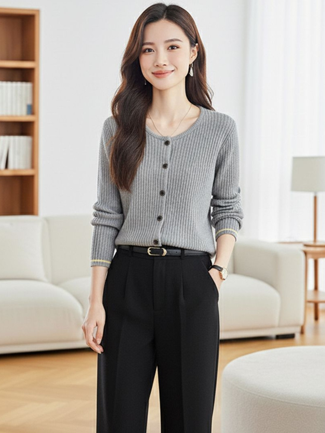 HERE&NOW Women Grey Solid Round Neck Long Sleeves Sweaters Wool Sweaters