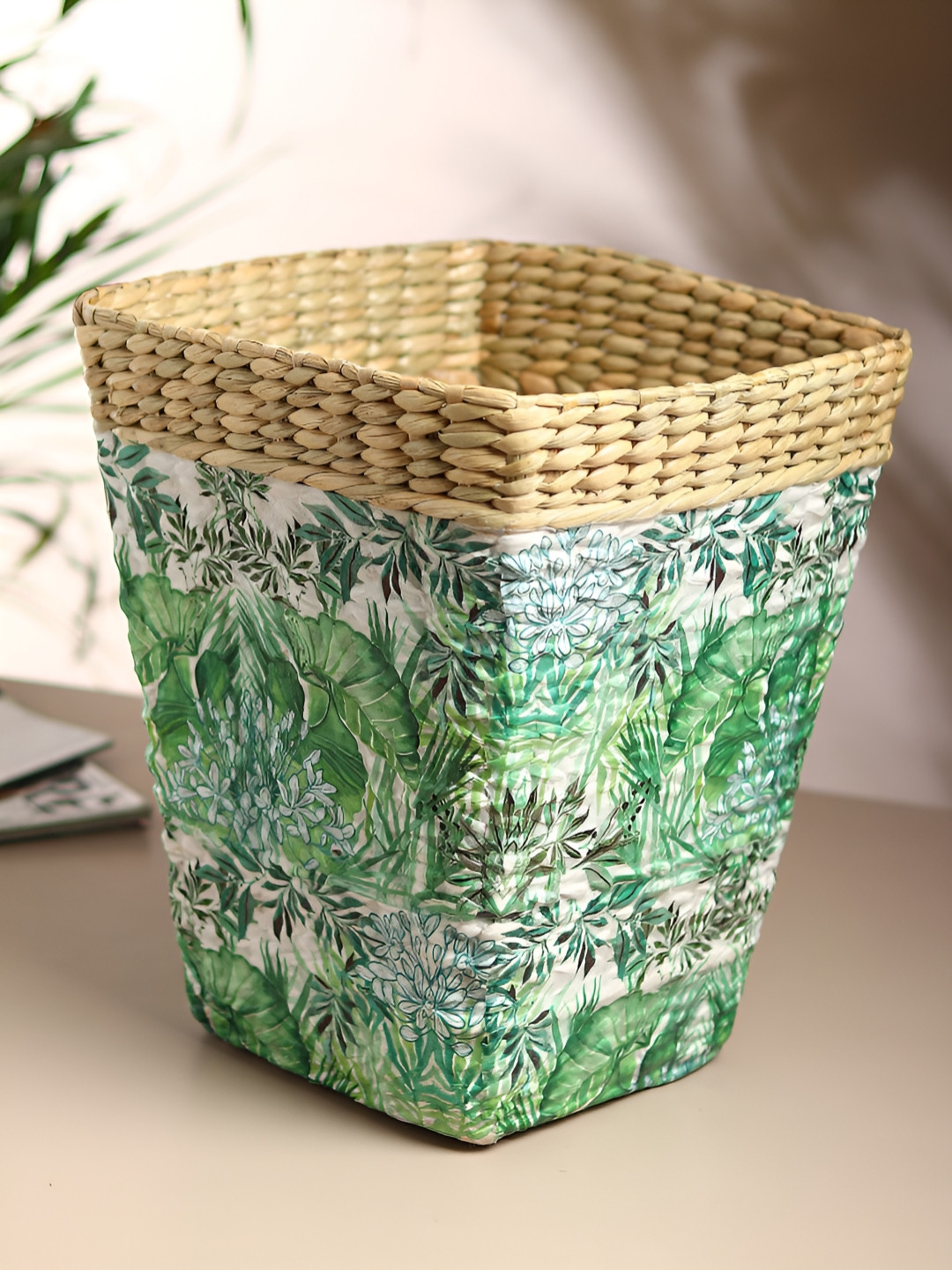 HABERE INDIA Green & Beige Printed Open Bamboo Dustbin