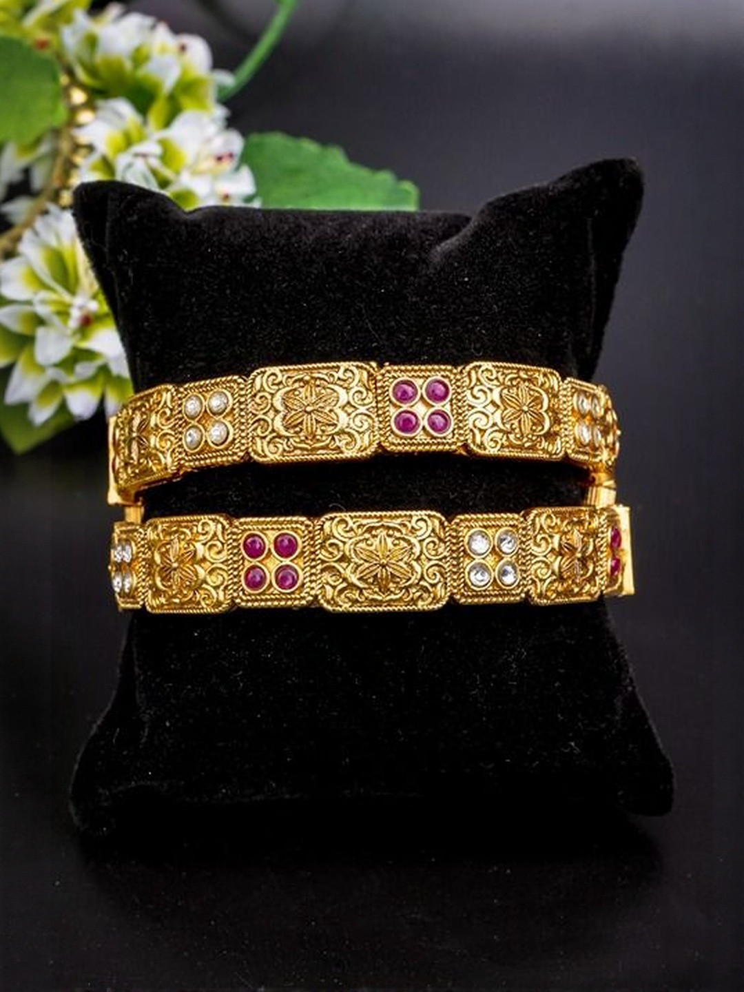 Richlook Set Of 2 Gold-Plated Kundan & Ruby Stone-Studded Bangles