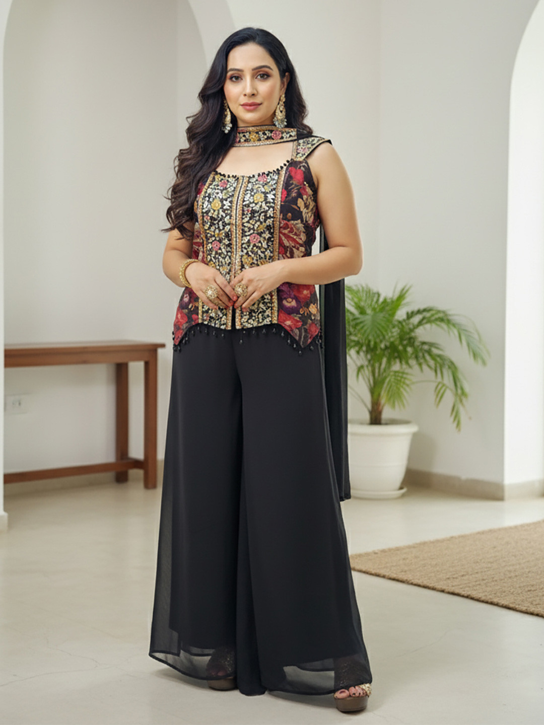 SAKSHI- The Wedding Store Women Embroidered Round Neck Co-Ords with Dupatta