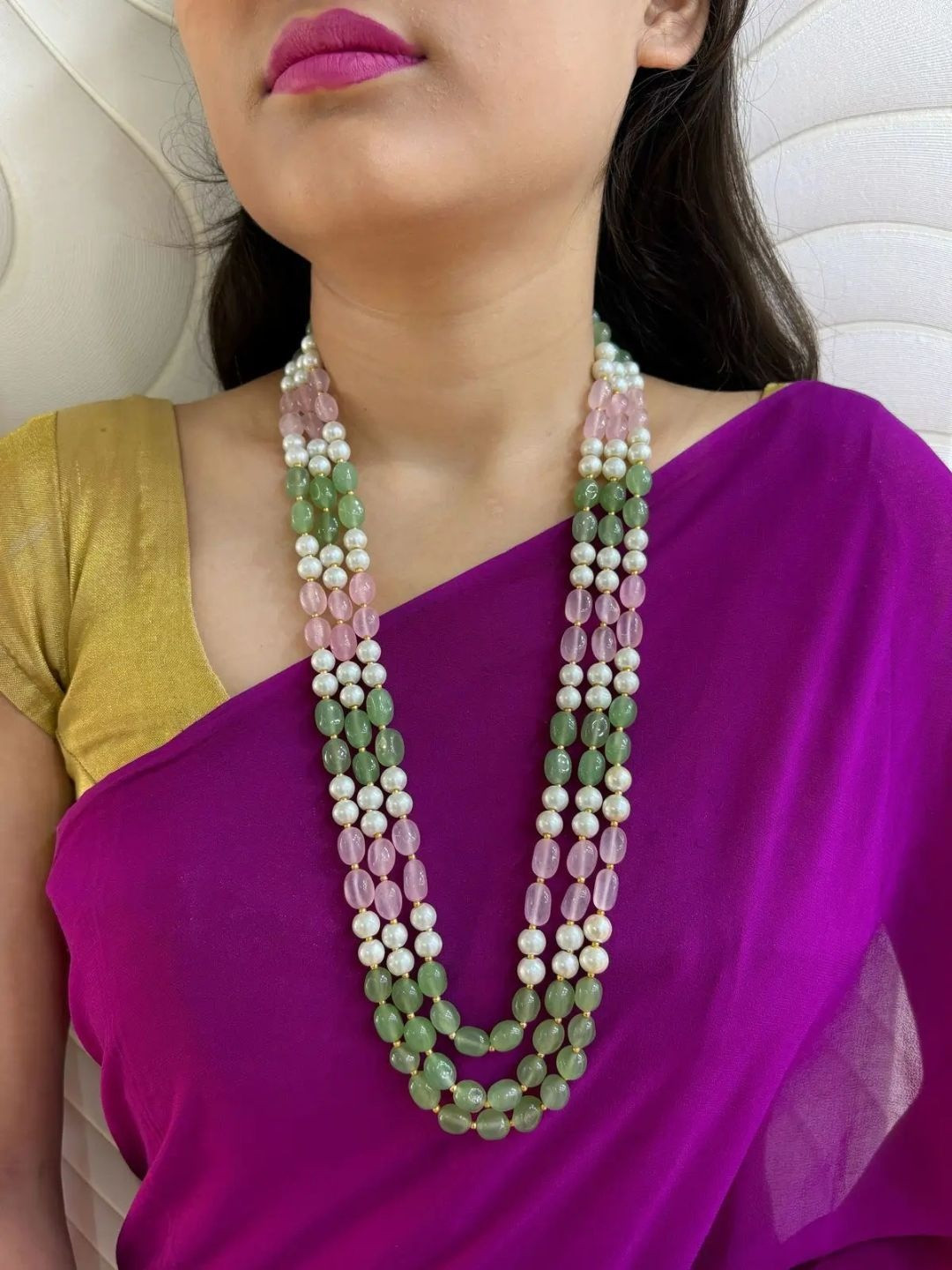 Gehna By Beadazzled Gold-Plated Real Jade Layered Necklace And Earrings