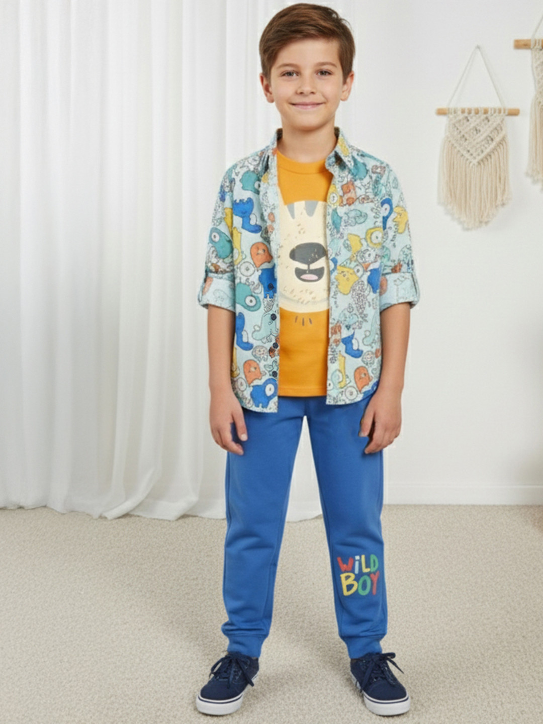 Hikuj Boys Blue Blend Shirt Collar Cotton Blend Printed Long Sleeves Clothing Set