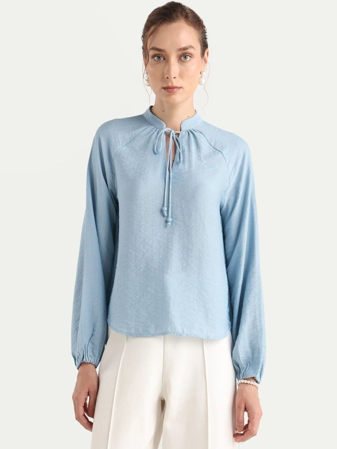 RAREISM Women Markino Dusky Blue Tie-Up Neck Puff Sleeves Top