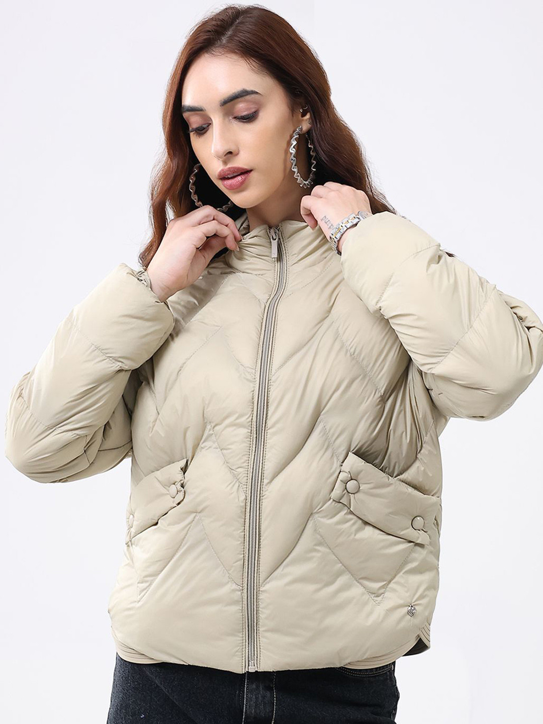 Monte Carlo Women Mock Collar Self Design Puffer Jacket