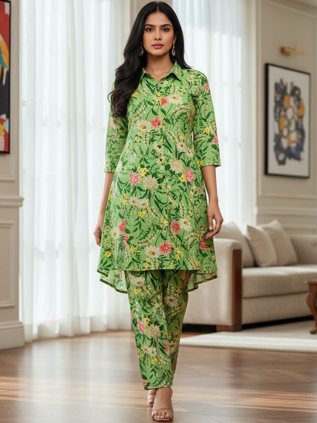 FABLAND Floral Printed A-Line Shirt Collar High-Low Kurta With Trousers