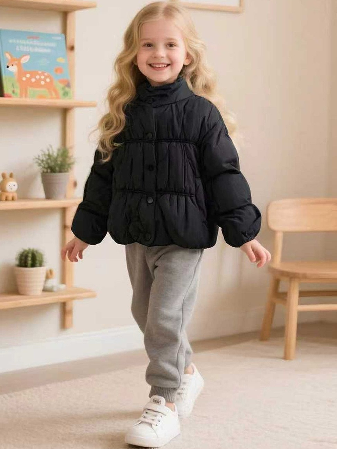 YK Girls Black Nylon Full Sleeves Puffer Jacket