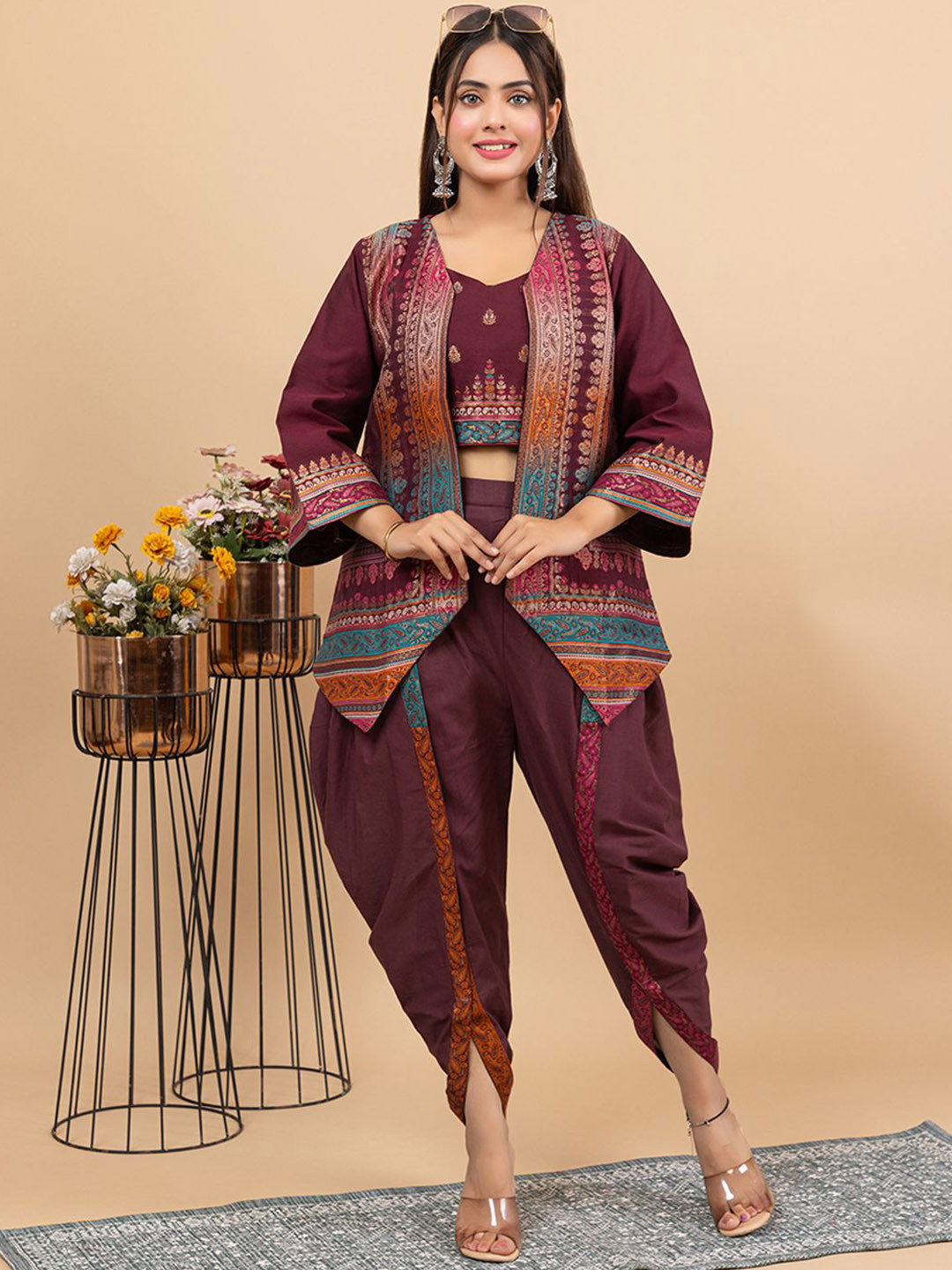 KIDAR Women Self Design 3 Piece Crop Top with Bottom & Jacket Co-ord Set