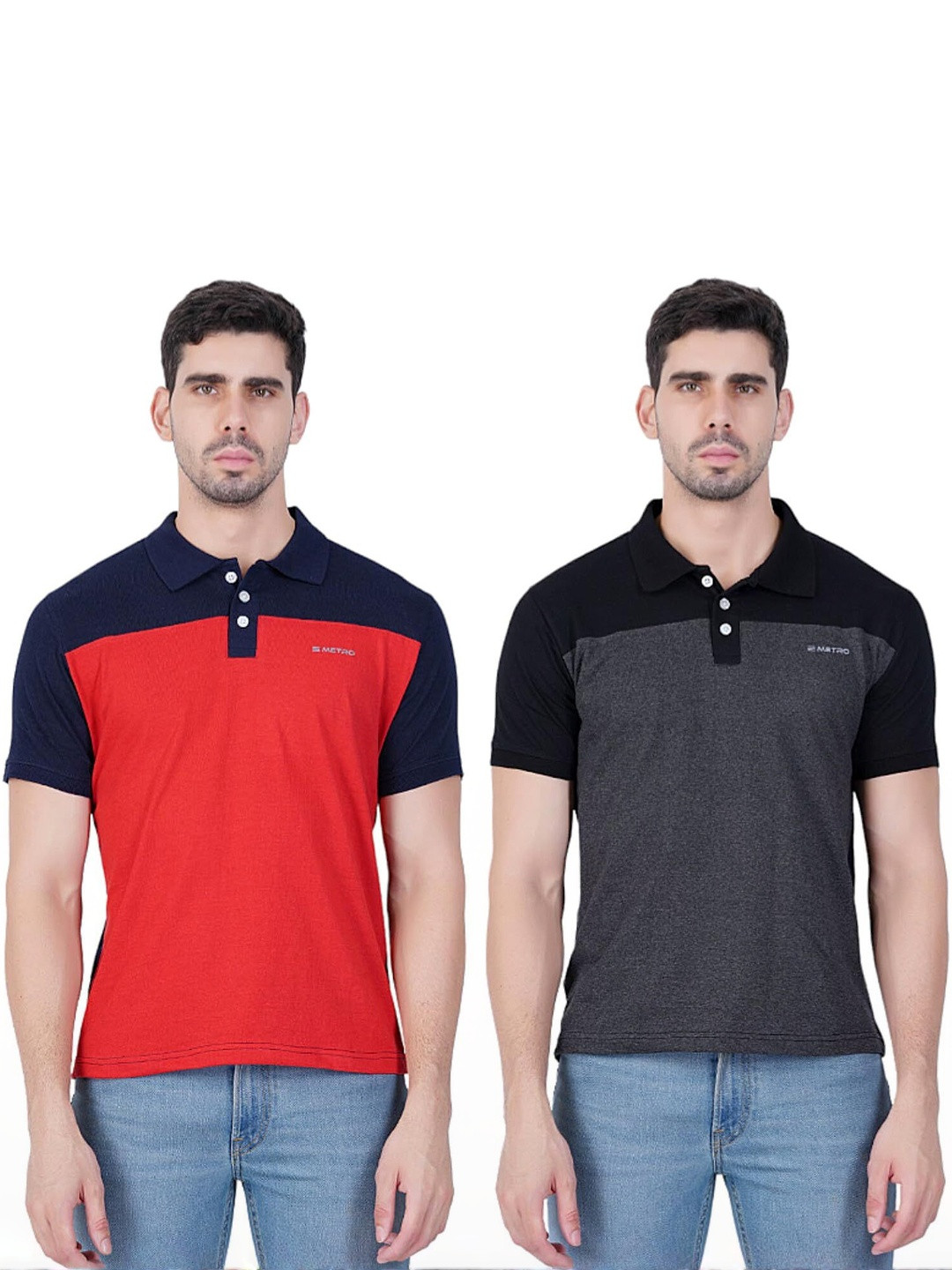 WAAMY69 Boys Pack of 2 Colourblocked Cotton Oversized Polo Collar T-Shirts