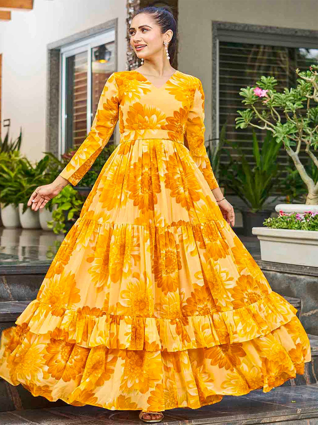 Pantos Women Floral Printed V-Neck Ruffled Layered Tiered Georgette Maxi Dress