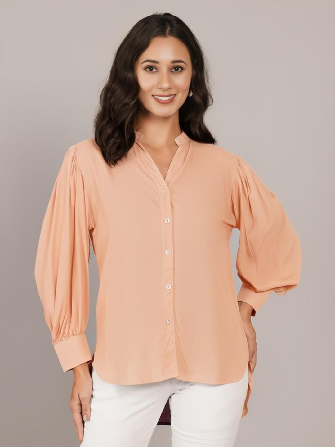 ANGOORI FASHION Classic Fit Mandarin Collar Puff Sleeves Casual Shirt