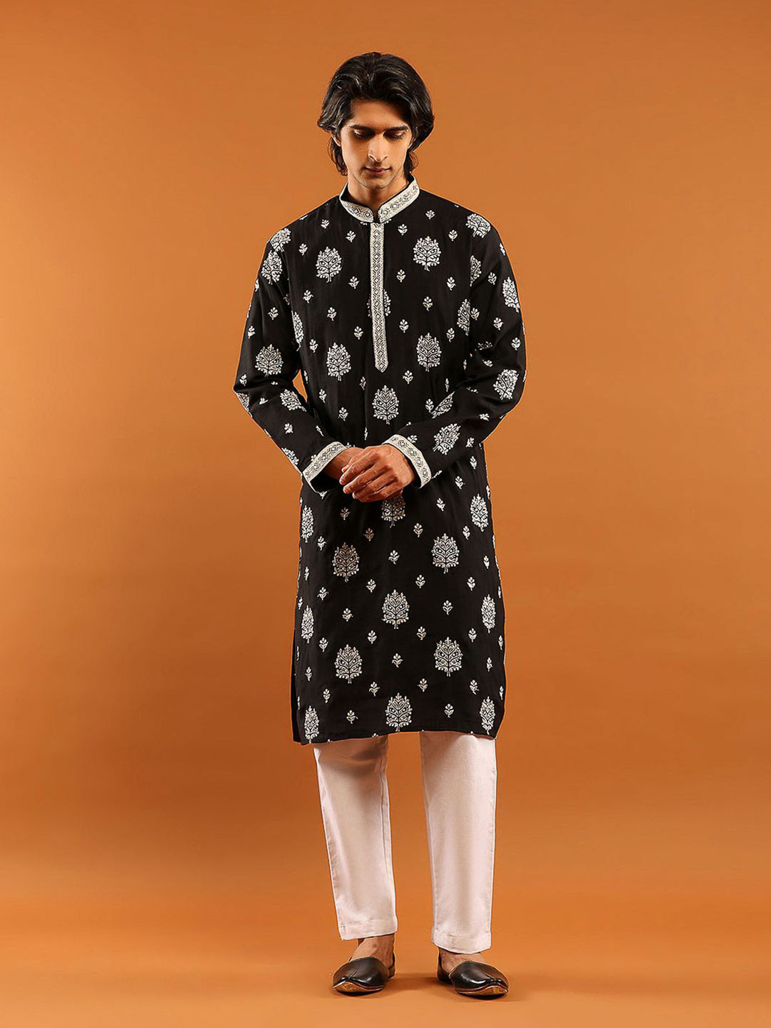 House of Chikankari Black Poly Silk Zari Embroidered Solid Men's Long Kurta