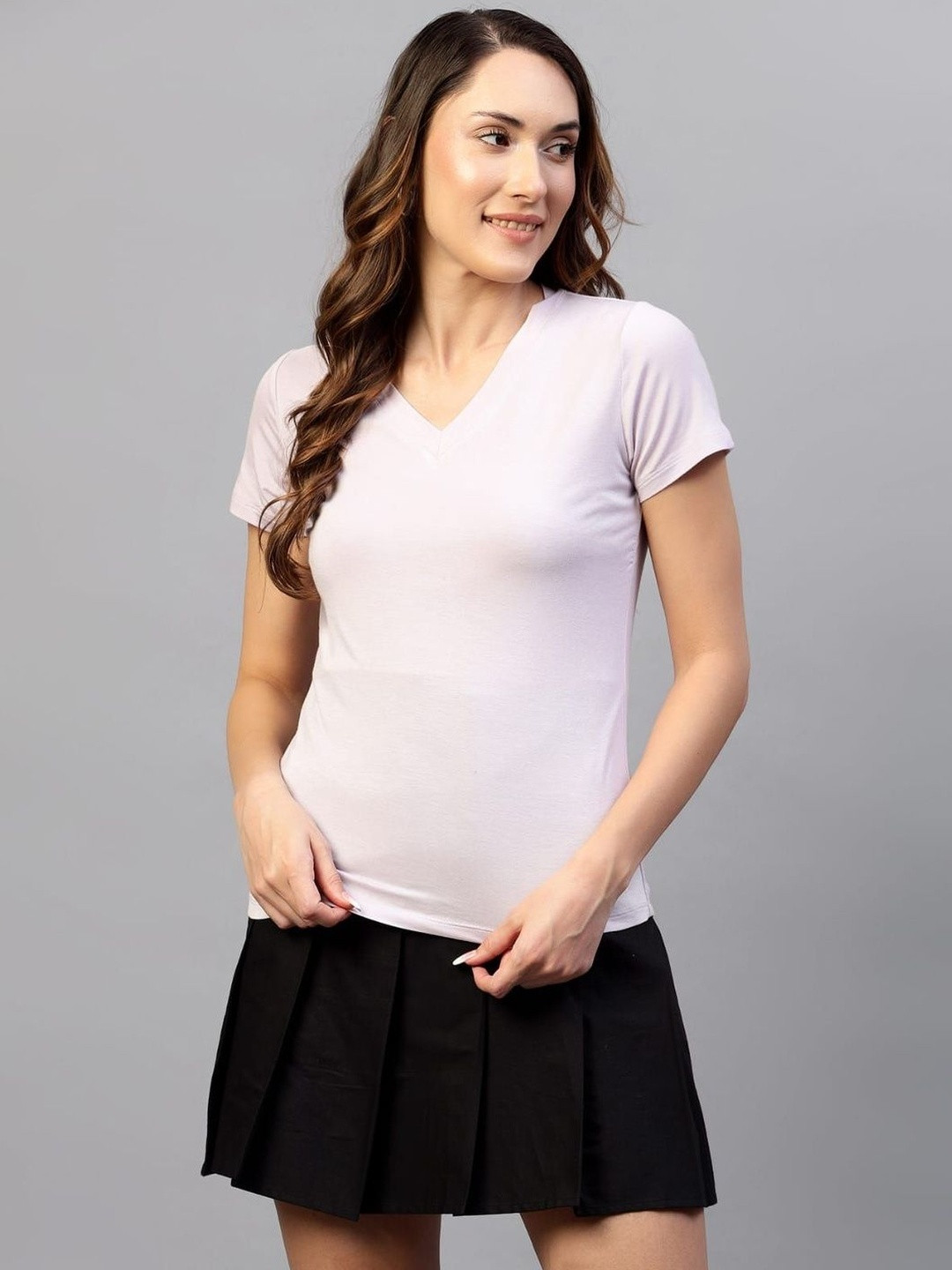 MM-21 Fashion Women Solid V-Neck Short Sleeves Regular Top