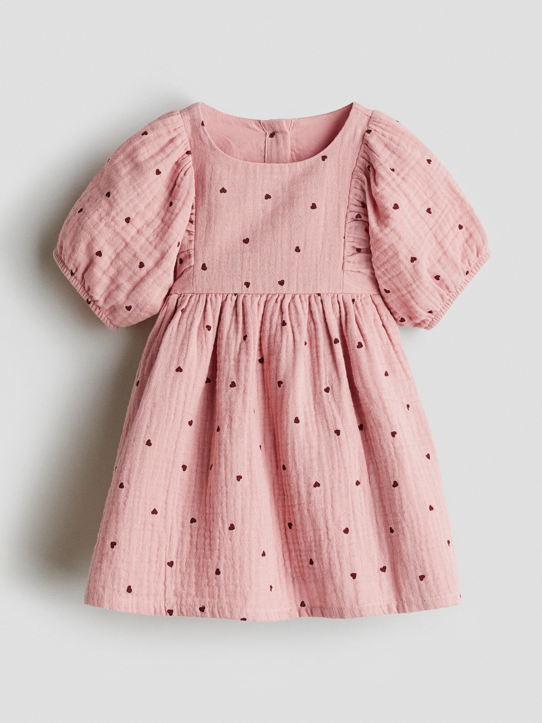 H&M Seersucker Girls Heart Printed Boat Neck Puff Sleeves Cotton Dress