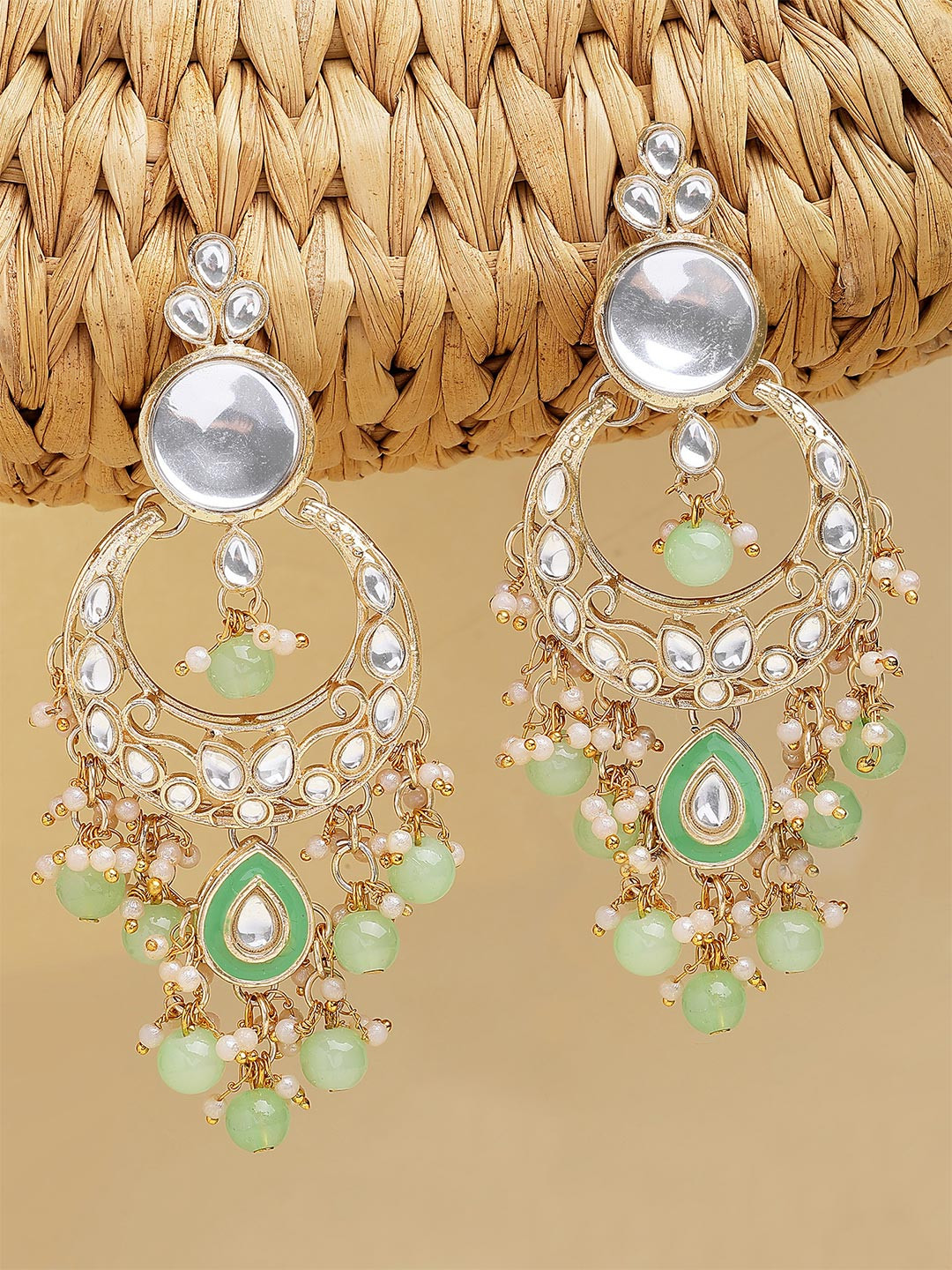 KARATCART Women Lime Green & White Classic Chandbalis Earrings