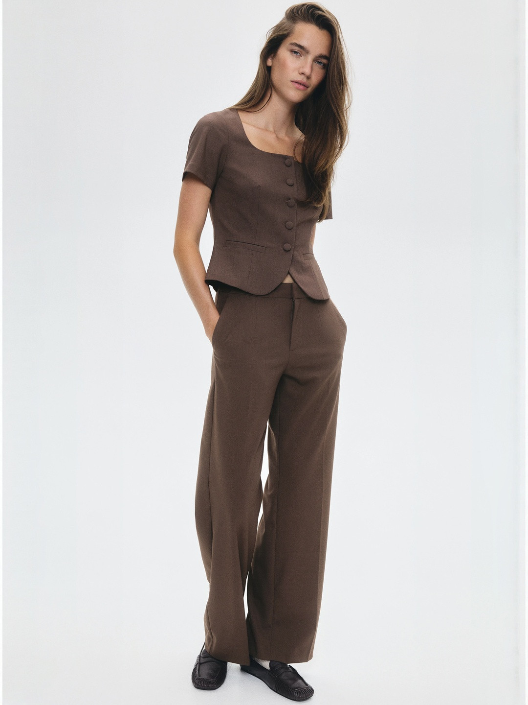 H&M Women Brown Solid Tailored Trousers