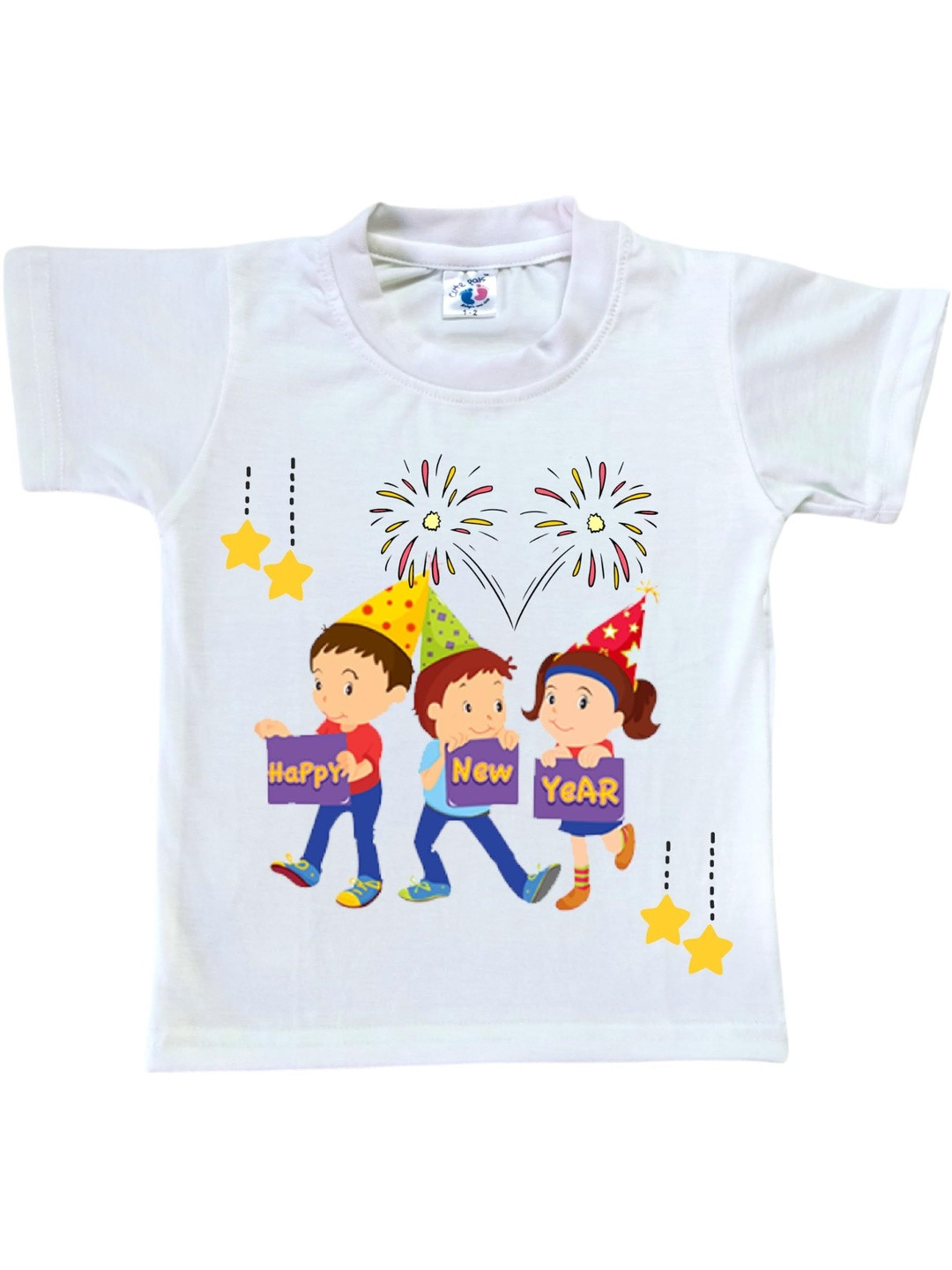 Cute Pals Kids Happy New Year Graphic Printed Short Sleeves Cotton T-shirt
