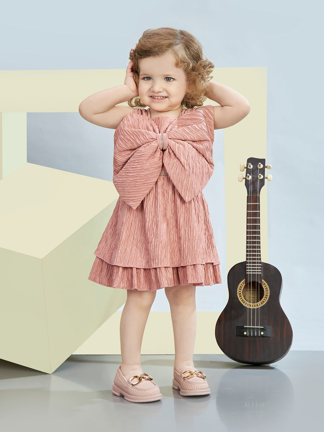 Peppermint Girls Self Design Bow Details Foil Fit and Flare Above Knee Dress