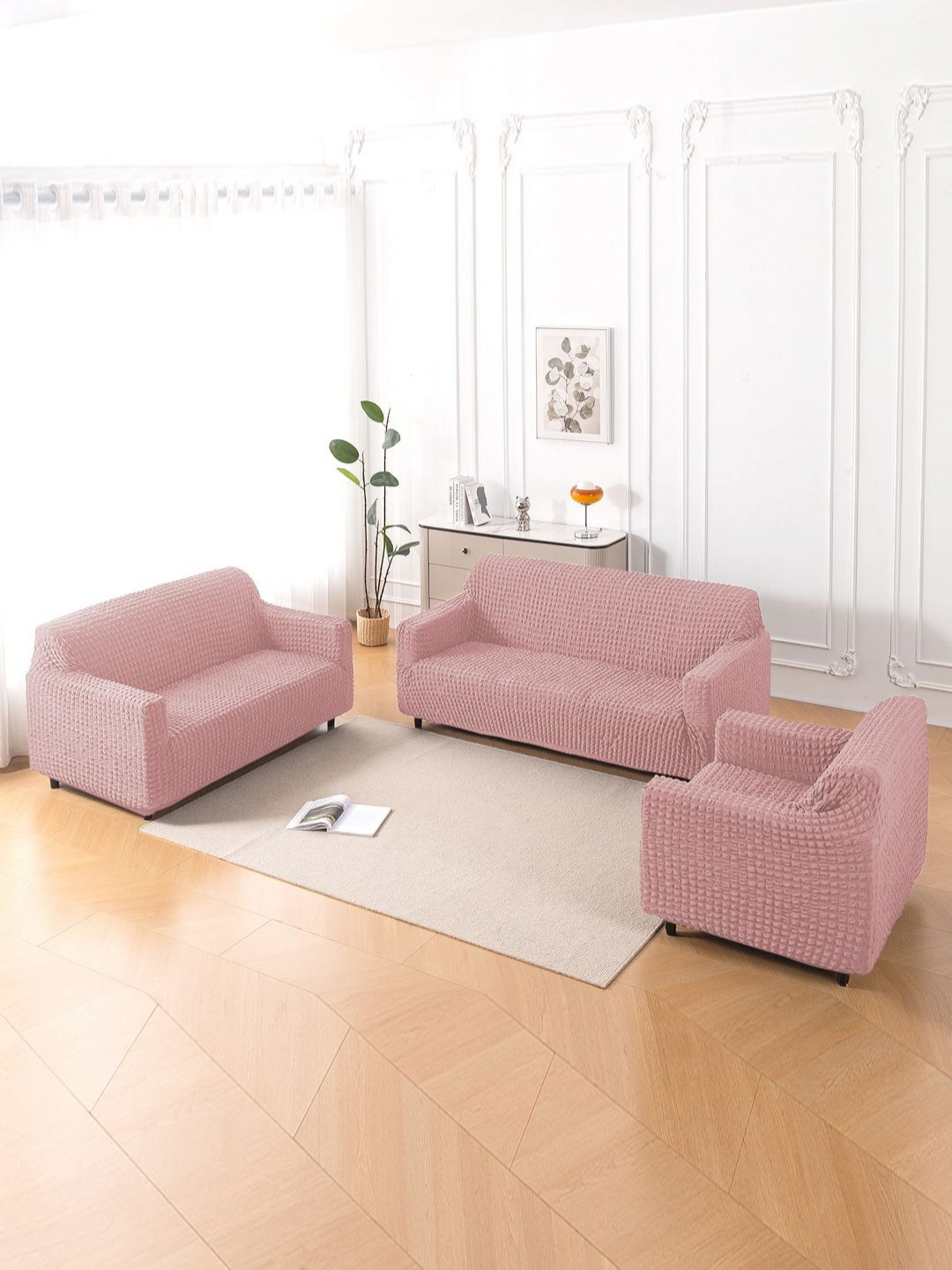 HOKIPO Aria Nova Tea Rose Pink 3 Pcs 6 Seater Stretchable Fully Covered Bubble Sofa Covers