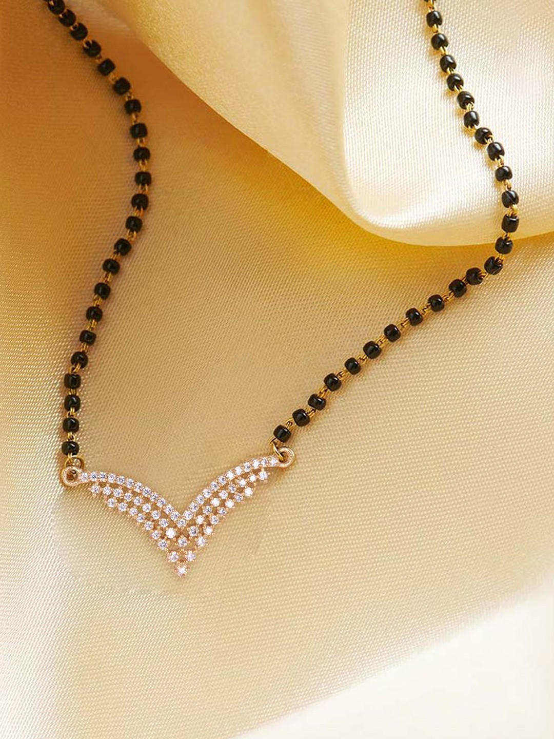 DIVASTRI Gold-Plated American Diamond With CZ Studded & Beaded V-Shape Pendant Mangalsutra