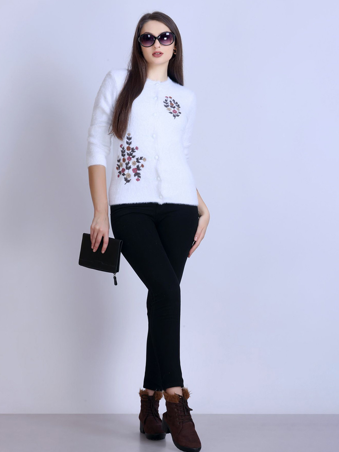 Winter Wonders Women Floral Embroidered Woollen Long Sleeves Round Neck Cardigan