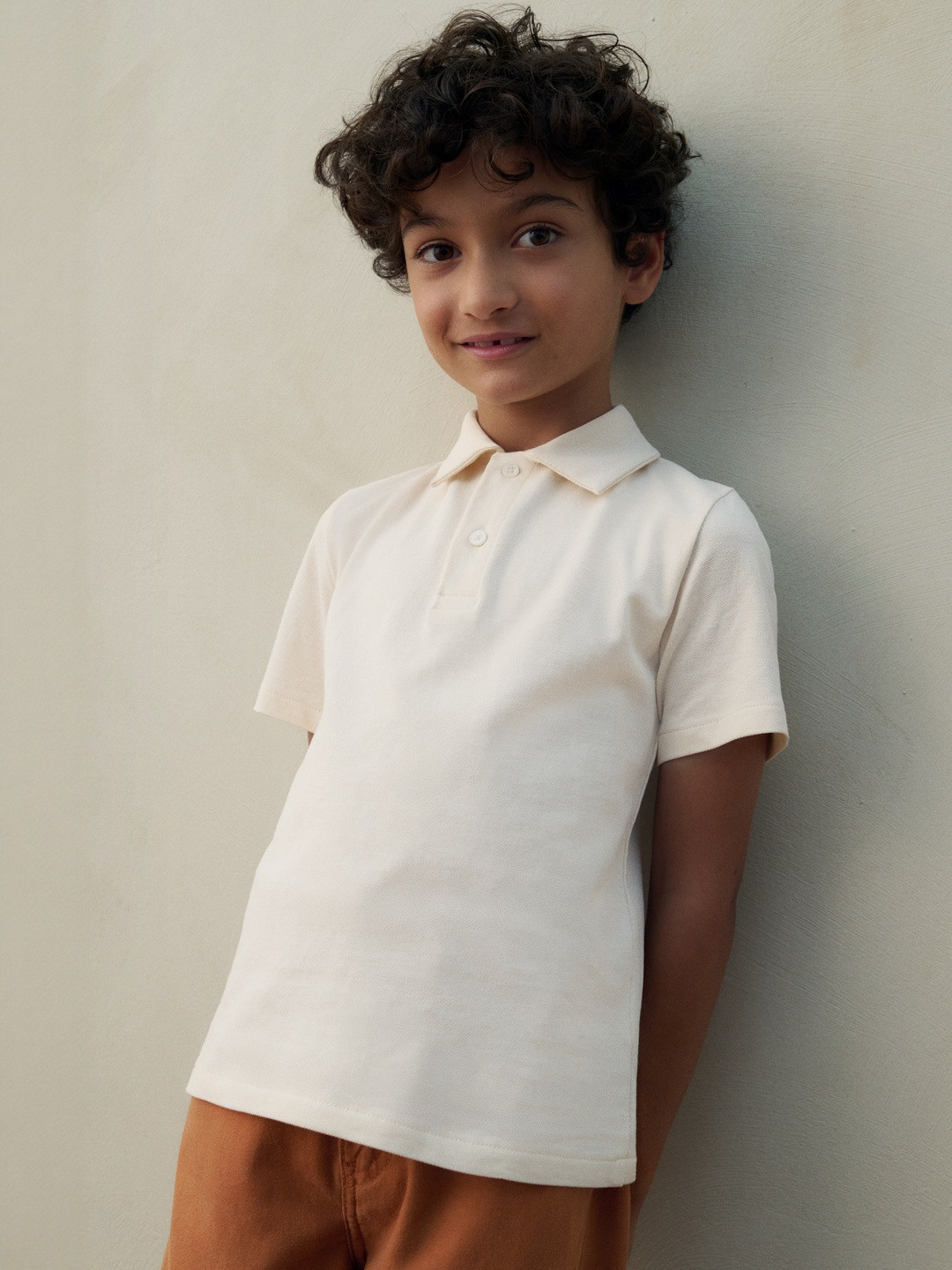 H&M Cotton Men Beige Solid Piqu Polo Shirt