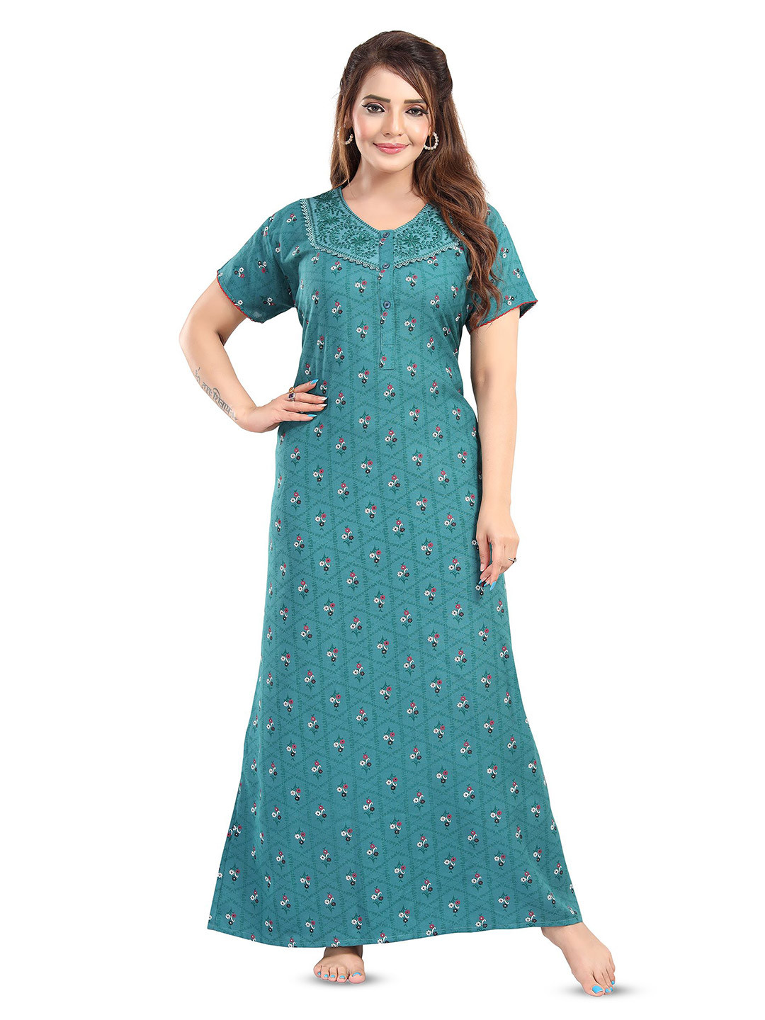 Lady Venom Women Floral Printed V-Neck Pure Cotton Maxi Nightdress