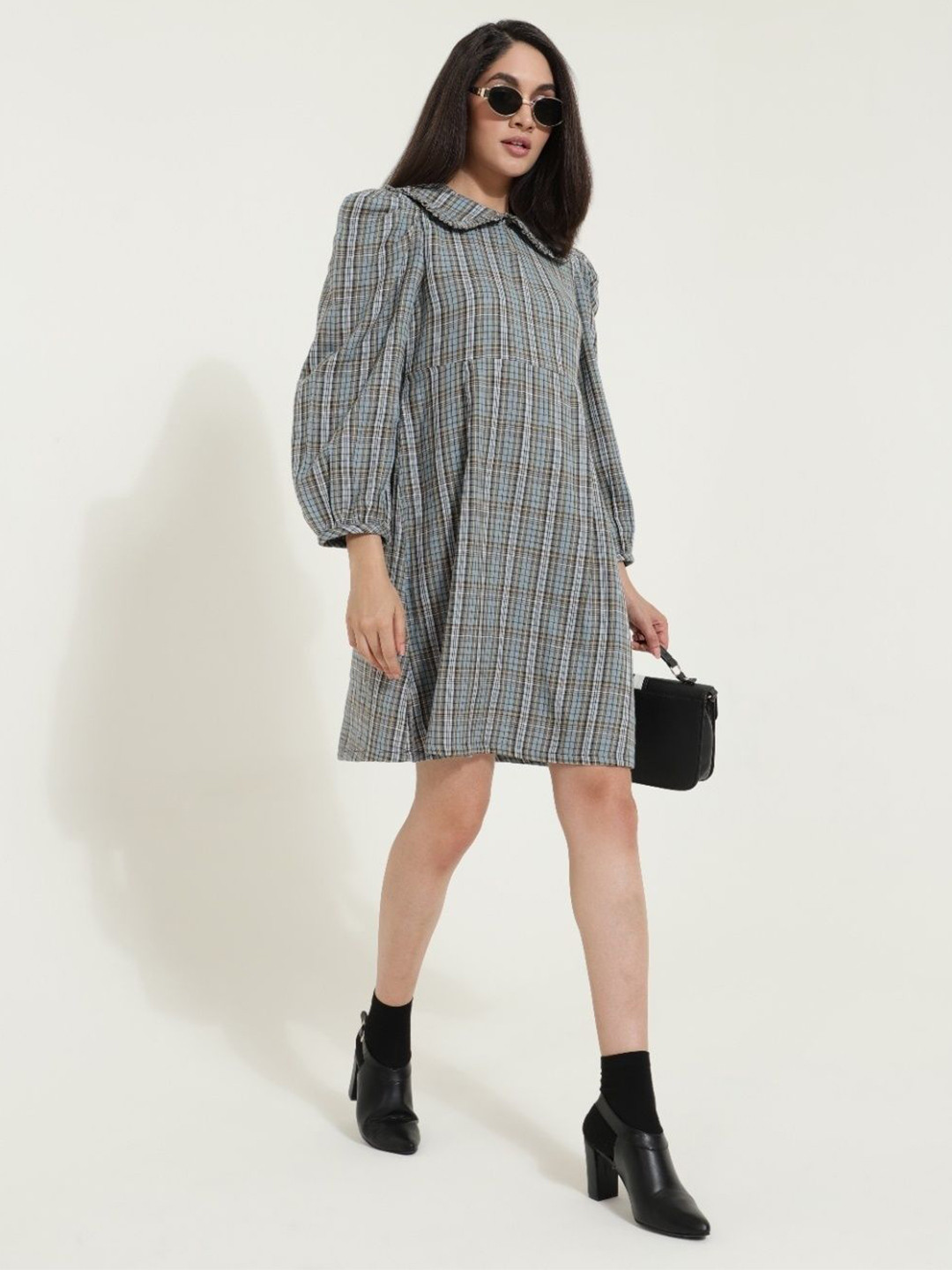 SANAITA CREATIONS Checked Printed Peter Pan Collar Puff Sleeve A-Line Dress