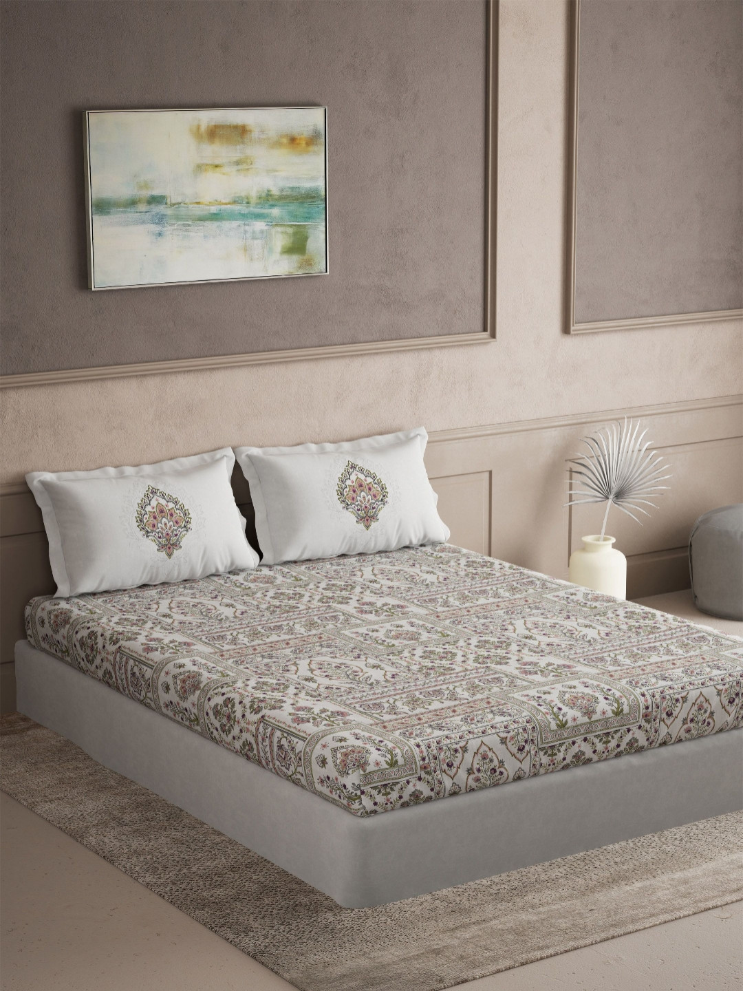 DDecor Elemental White Printed 145 TC Super King Pure Cotton Bedsheet Set 2.74 m X 2.74 m