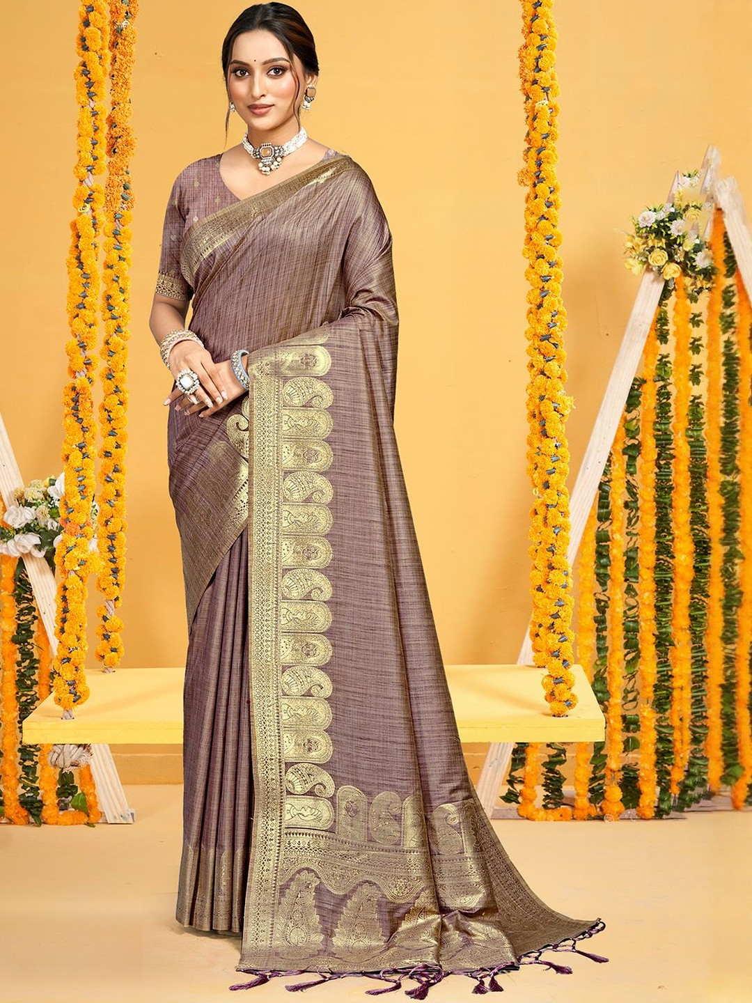 SANGAM PRINTS Solid Woven Border Zari Tussar Saree