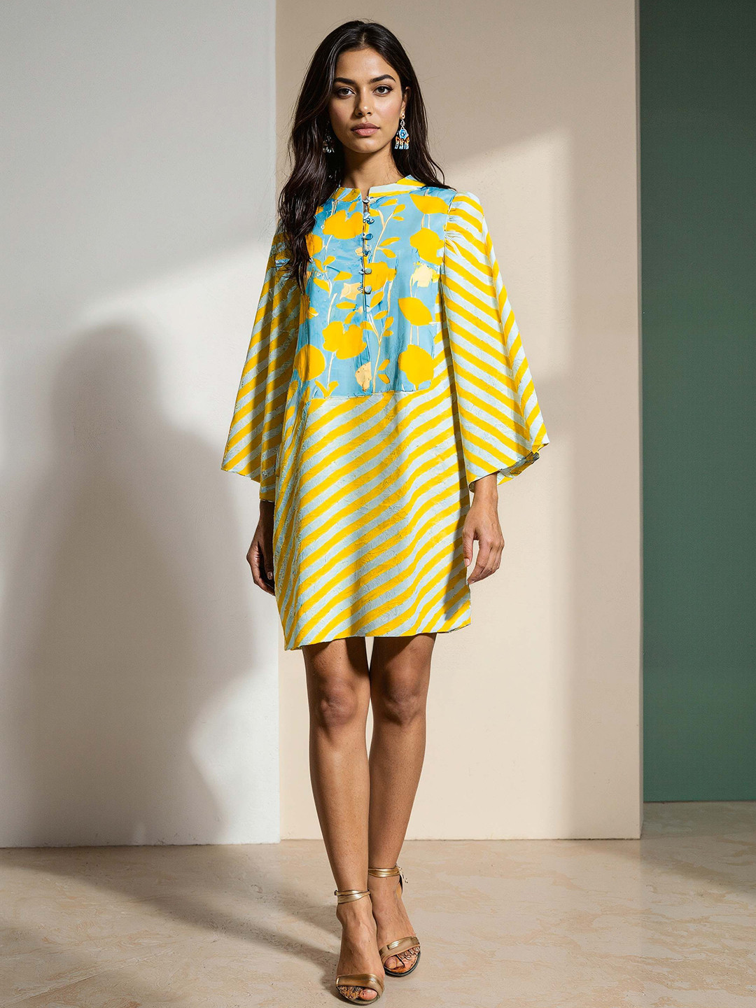 Naava Women Yellow Cotton Striped Print Flared Sleeve Dress