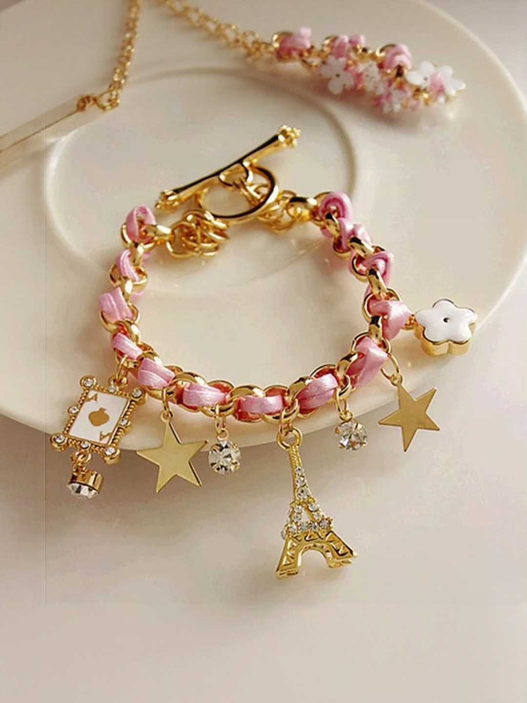 Zaphariq Cubic Zirconia Studded Eiffel Tower Star Charm Bracelet