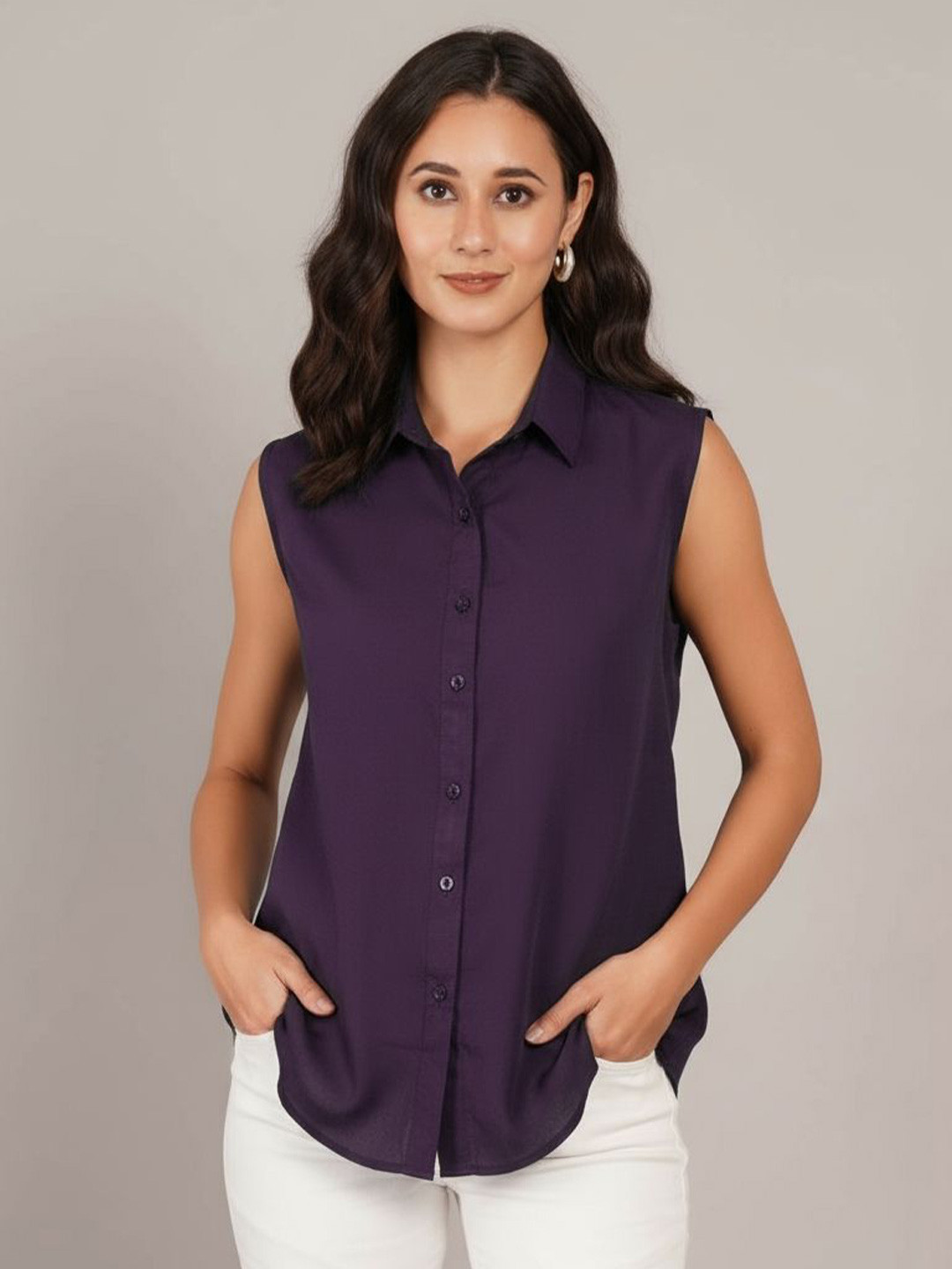 ANGOORI FASHION Spread Collar Sleeveless Classic Shirt