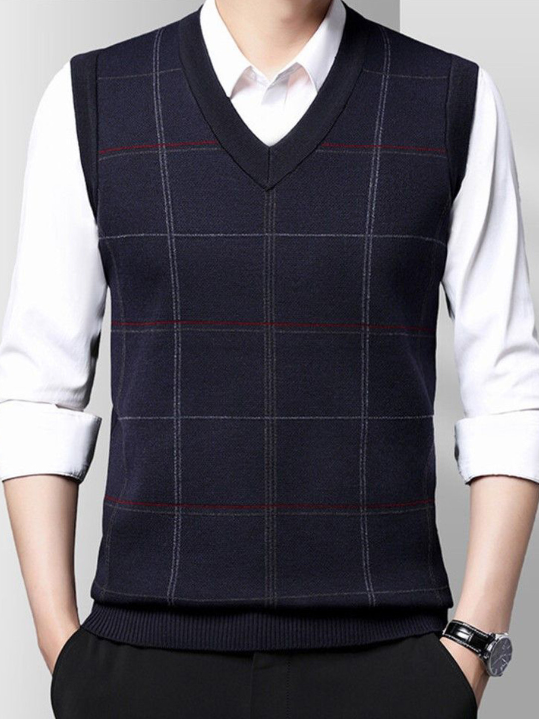 StyleCast Men Checked V- Neck Sleeveless Sweater Vest