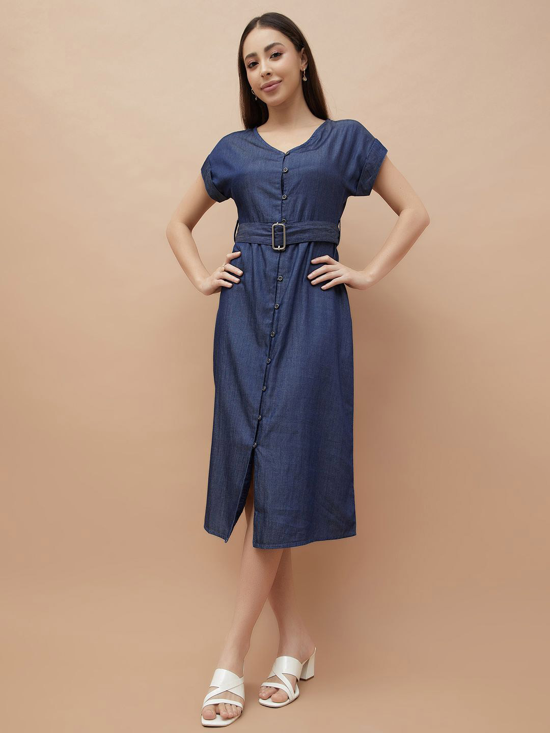 Fame Forever by Lifestyle Solid Extended Sleeves Belted Detail  Cotton A-Line Dress