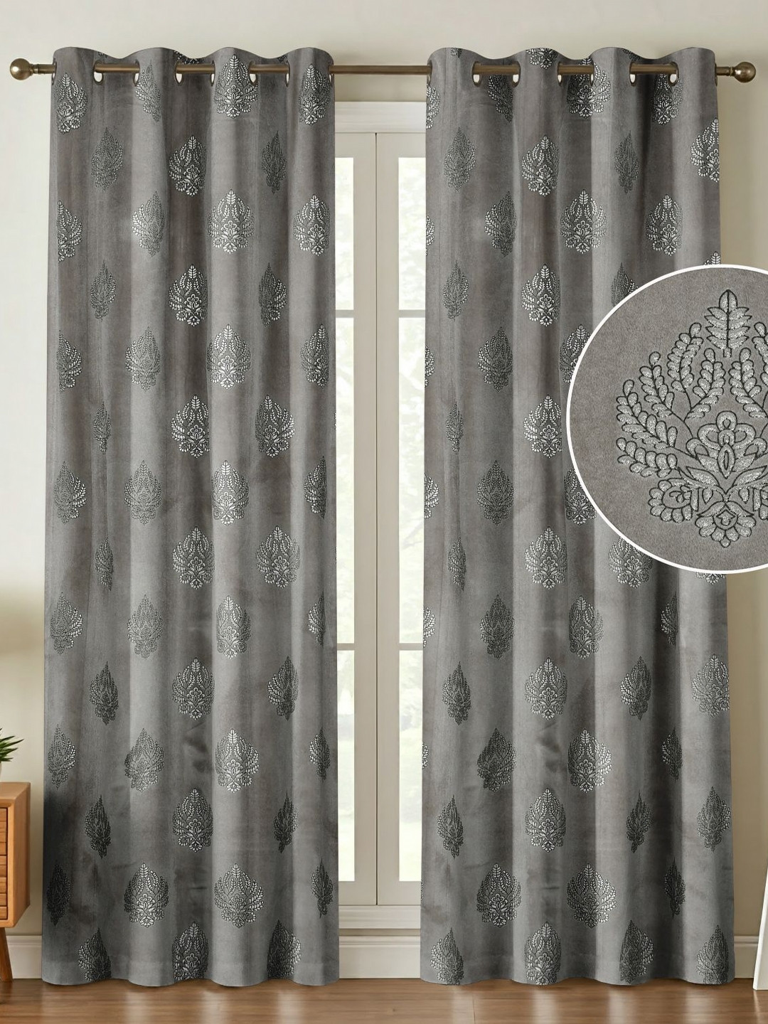 Aura Grey Printed Black Out 2 Pieces Door Eyelet Curtains