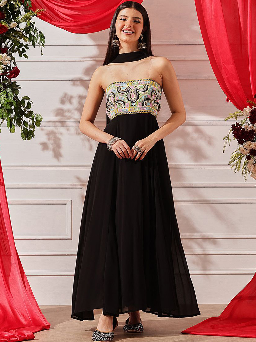 indo street Women Strapless Embroidered Maxi Ethnic Dress With Dupatta