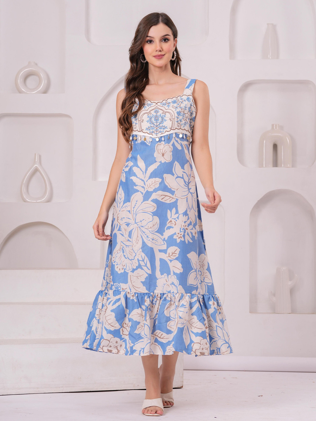 OH MI DIOS Women Floral Printed Tie-Ups Shoulder Straps Fit & Flare Midi Dress