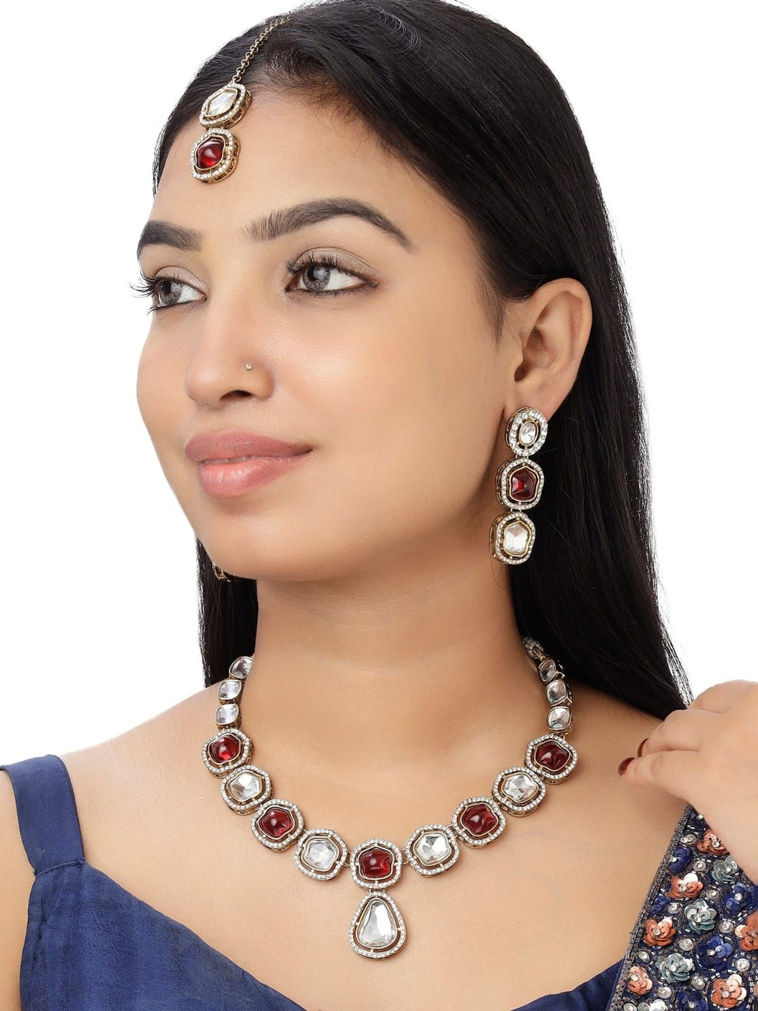 VELVET IMPERIAL Gold-Plated Stone Studded And Beaded Oxidised Necklace And Earrings