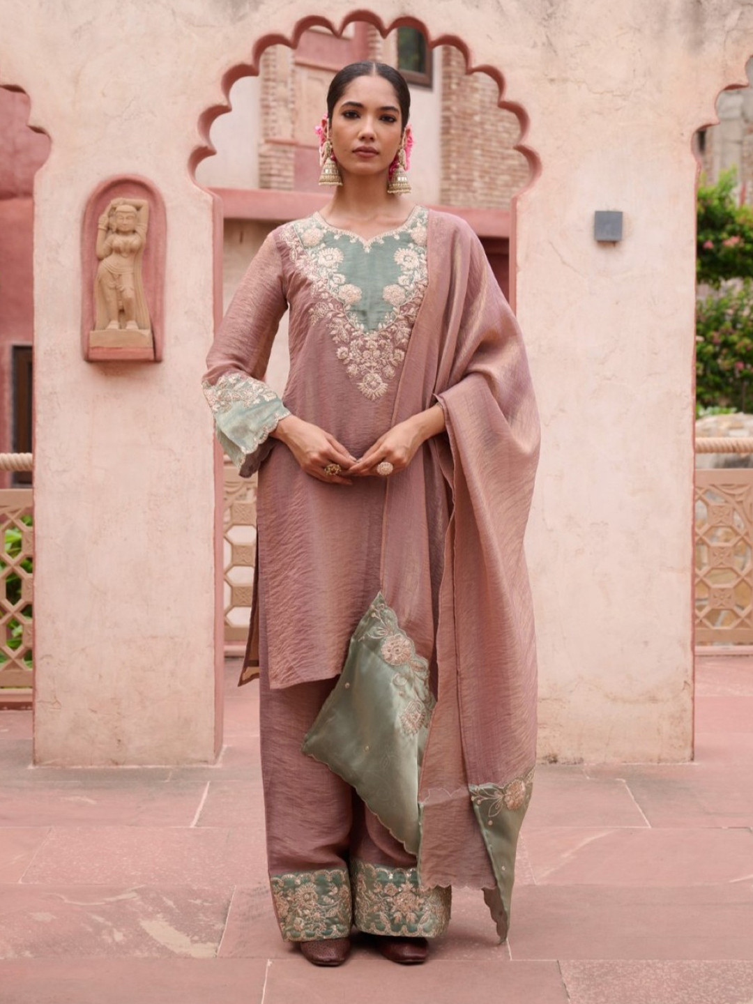 AUTUMN LANE Women Embroidered Knee Length Regular Straight Kurta with Pyjamas & Dupatta