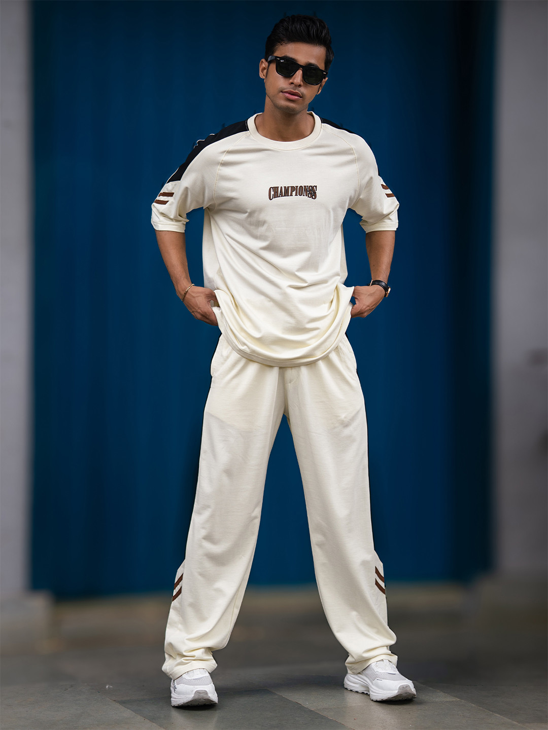 Maniac Men Colorblock Round Neck Half Sleece Cream and Black Cotton Co-Ords Set