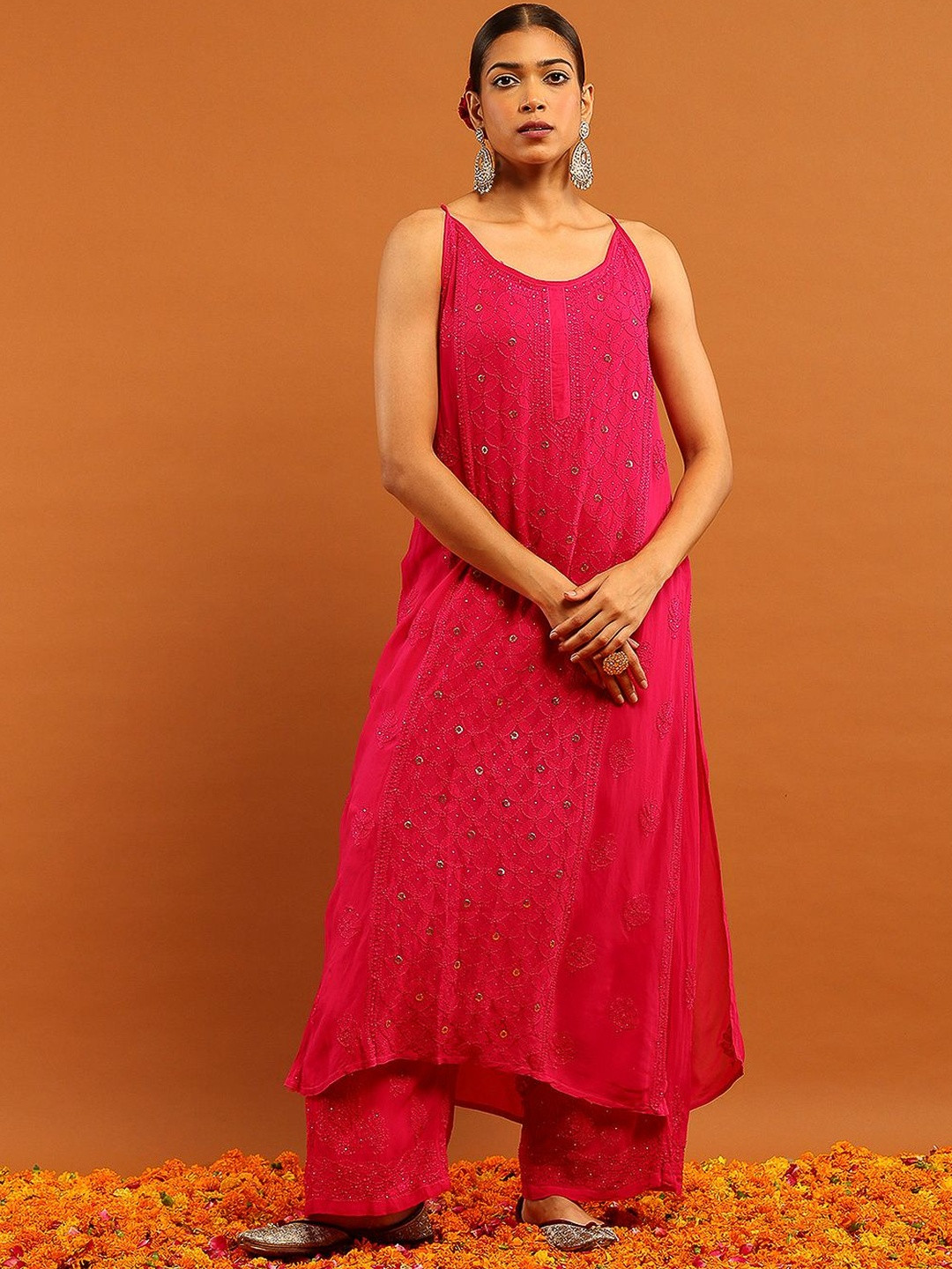 House of Chikankari Women Viscose Georgette Solid Long Kurta & Trousers With Dupatta Set