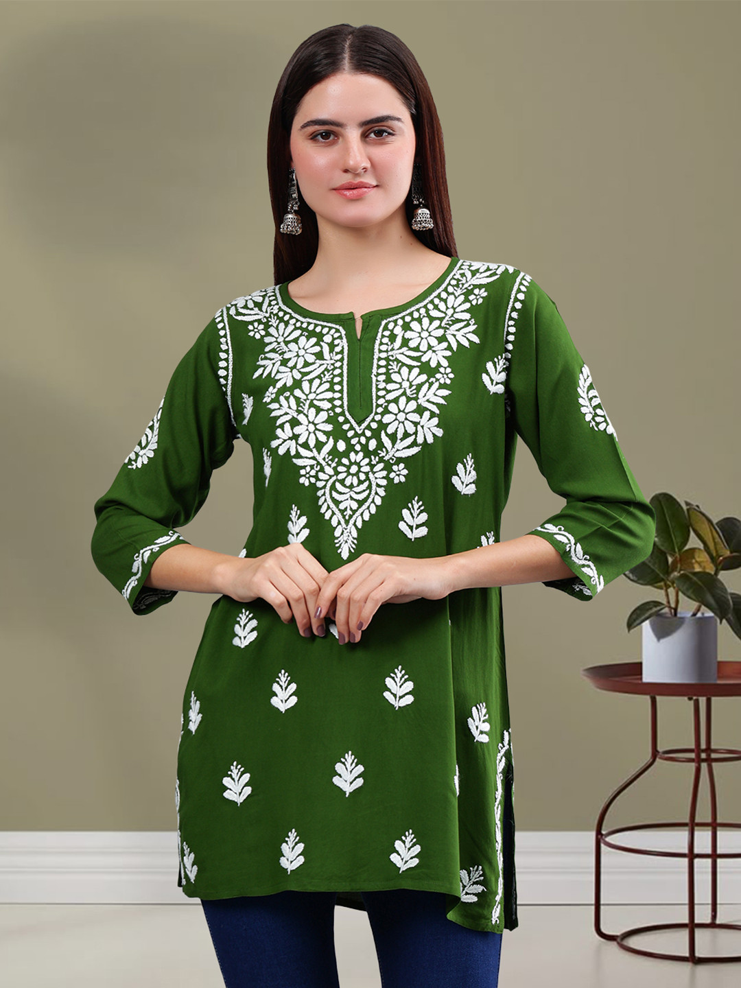 Seva Chikan Ethnic Motifs Three-Quarter Sleeves Round Neck Embroidered Chikankari Kurti