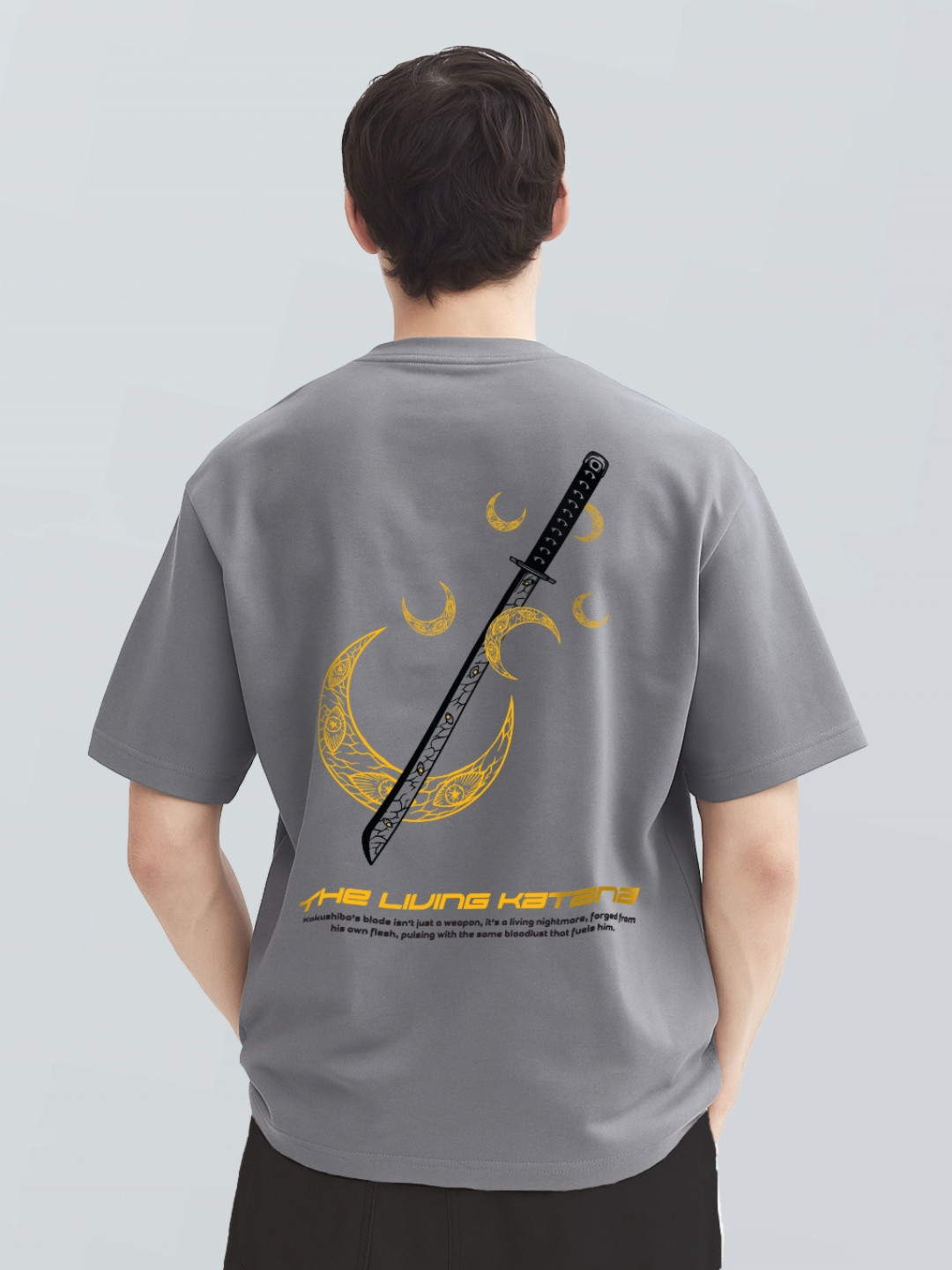 WHITE HUSK Men Kokushibo Demon Slayer Printed Cotton Oversized Tshirt