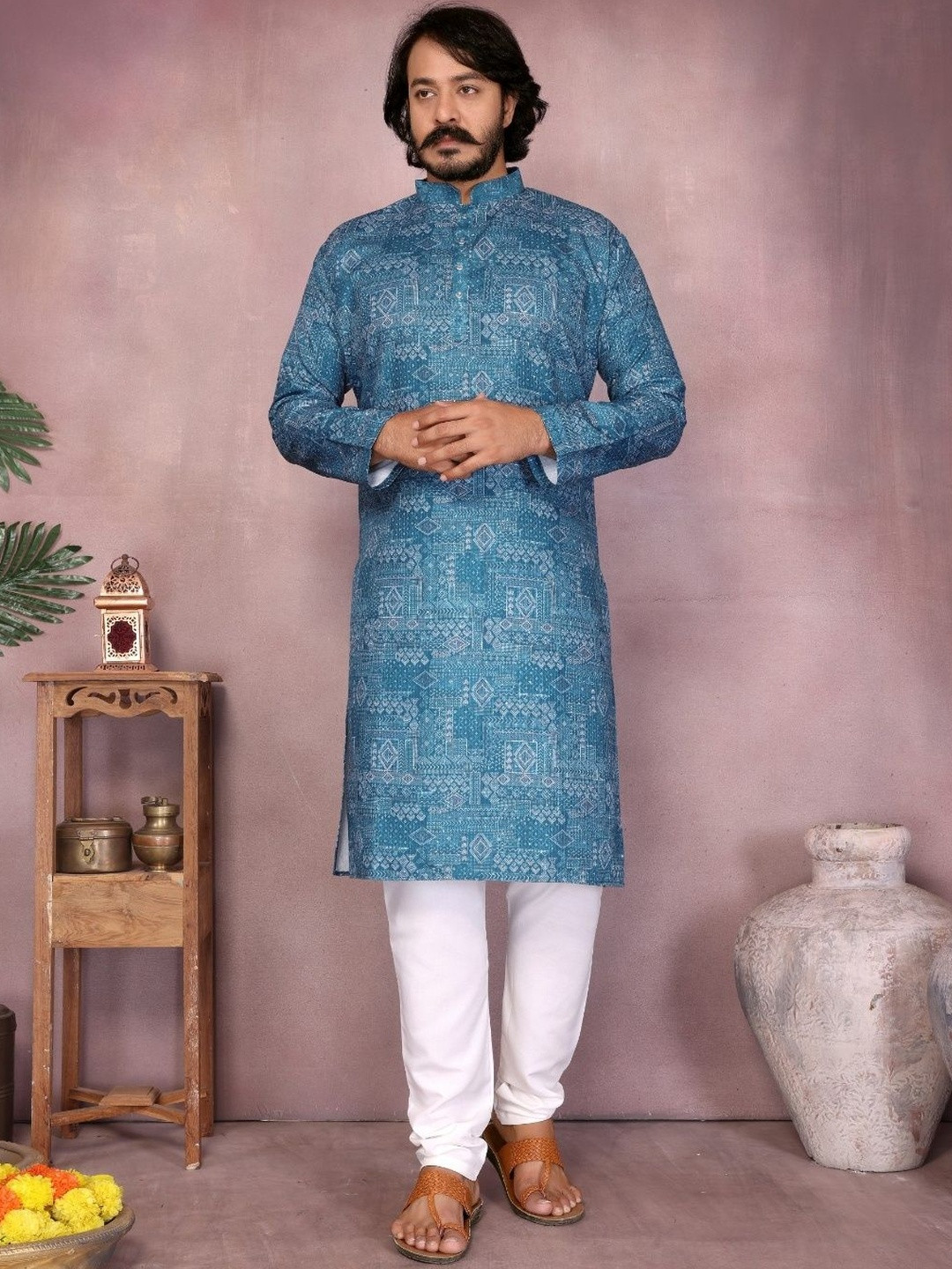 IMRAN TEXTILES Geometric Printed Mandarin Collar Pure Cotton Straight Kurta With Pyjamas