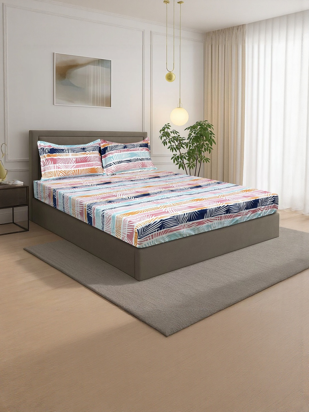 Signature Multicoloured Floral 300 TC Double Fitted Bedsheet with 2 Pillow Covers