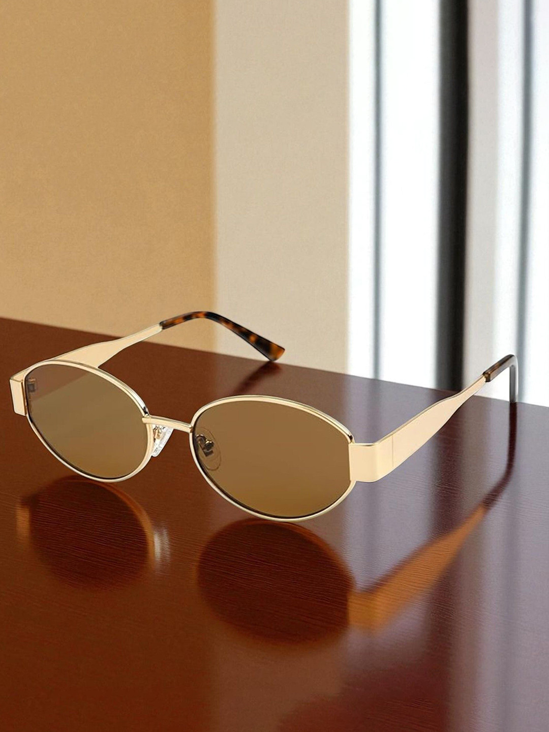 SPADEACES Unisex UV Protected Lens Aviator Sunglasses GOLD BROWN OVAL -7