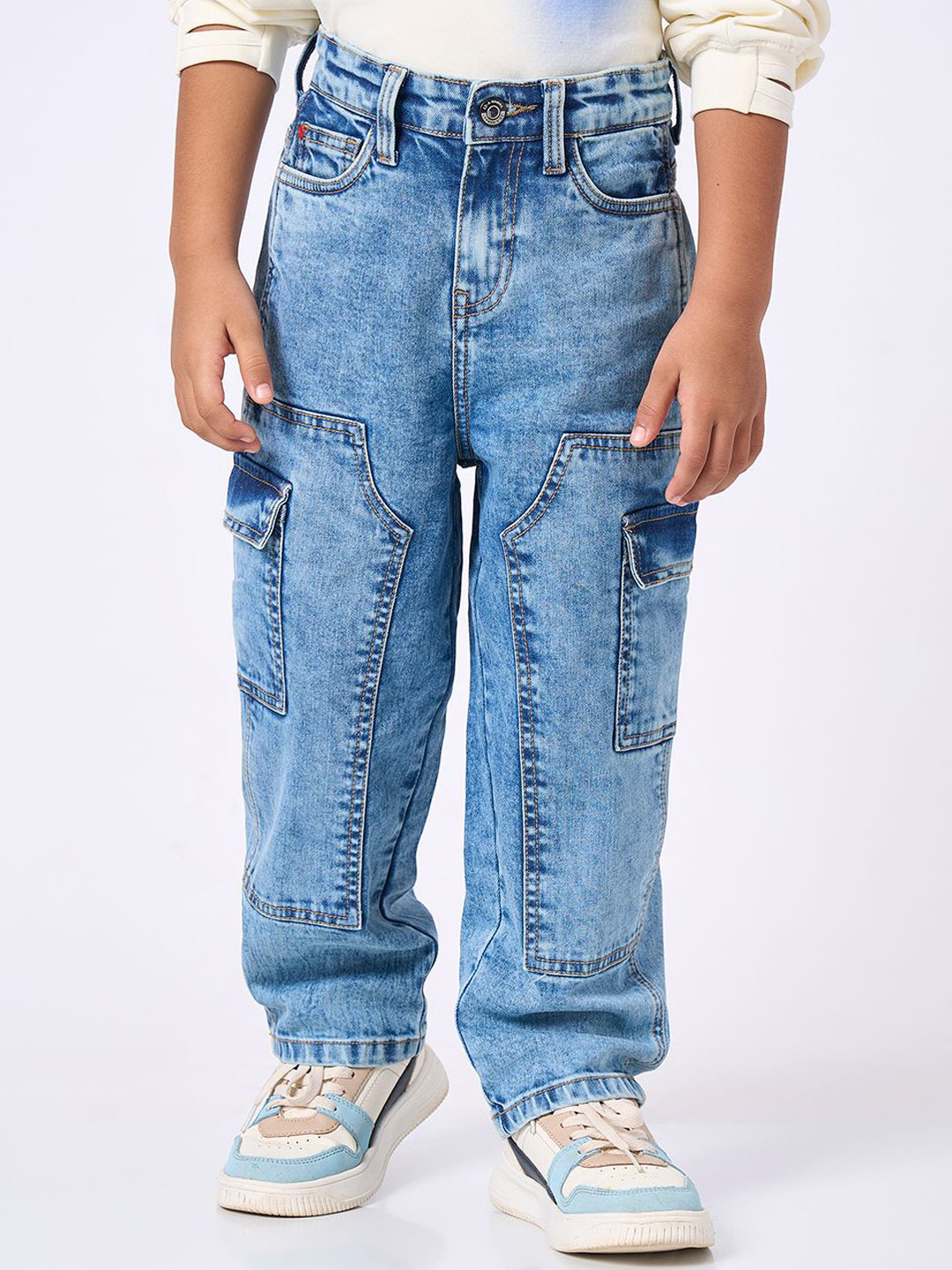 Ed-a-Mamma Boys Relaxed Fit Mid-Rise Acid Wash Cargo Styles Stretchable Jeans
