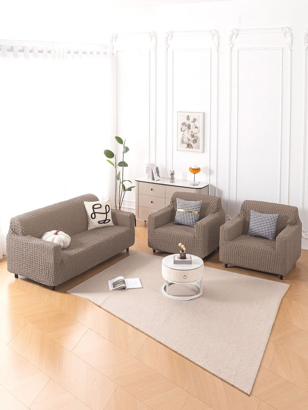 HOKIPO Aria Nova Mocha Brown 3 Pcs 280 GSM 5 Seater Fully Covered Bubble Sofa Covers