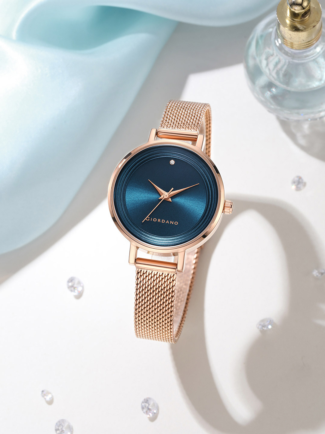 GIORDANO Women Blue Brass Embellished Dial & Rose Gold Toned Analogue Watch GD4067-44