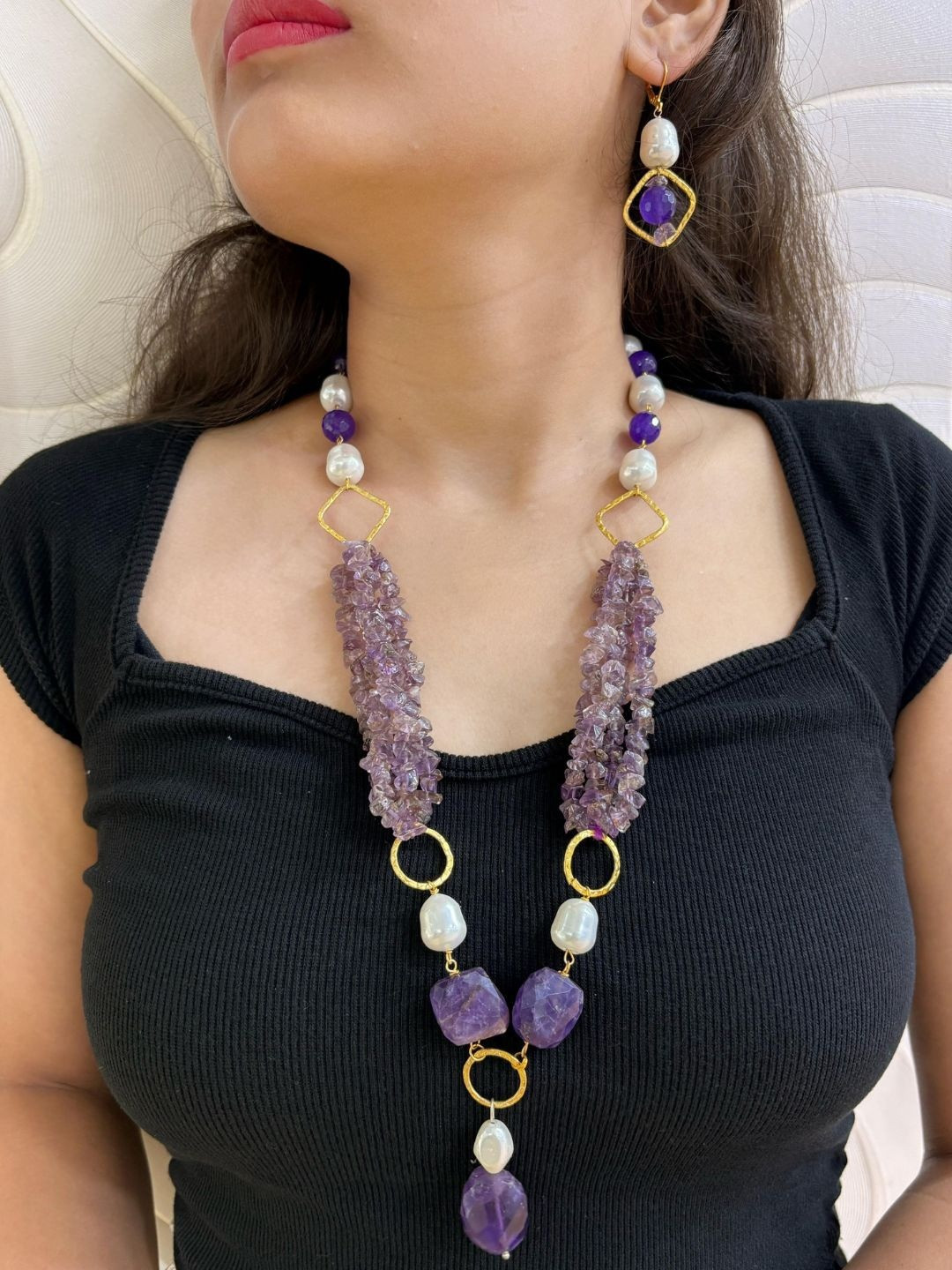 Gehna By Beadazzled Gold-Plated Pearls And Amethyst Beaded Necklace With Earrings